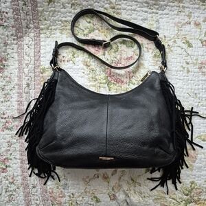 DANIER Black Fringe Leather Shoulder Bag Gold Tone Hardware Purse Crossbody